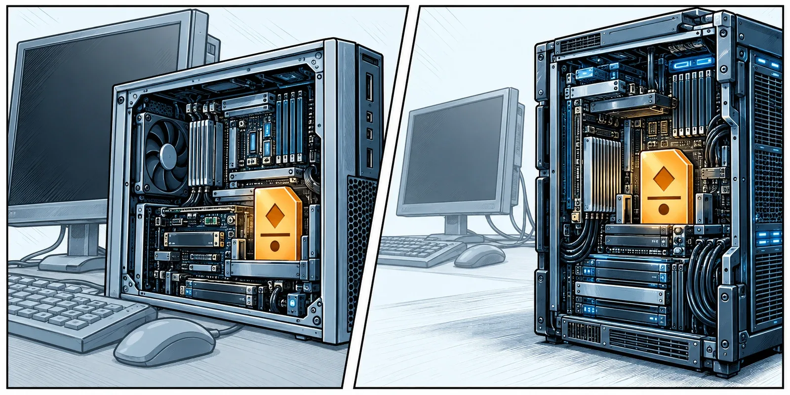 Two comic cutaways contrast a conditional stop held inside an unavailable trading computer with a stop record held on a separate broker server.