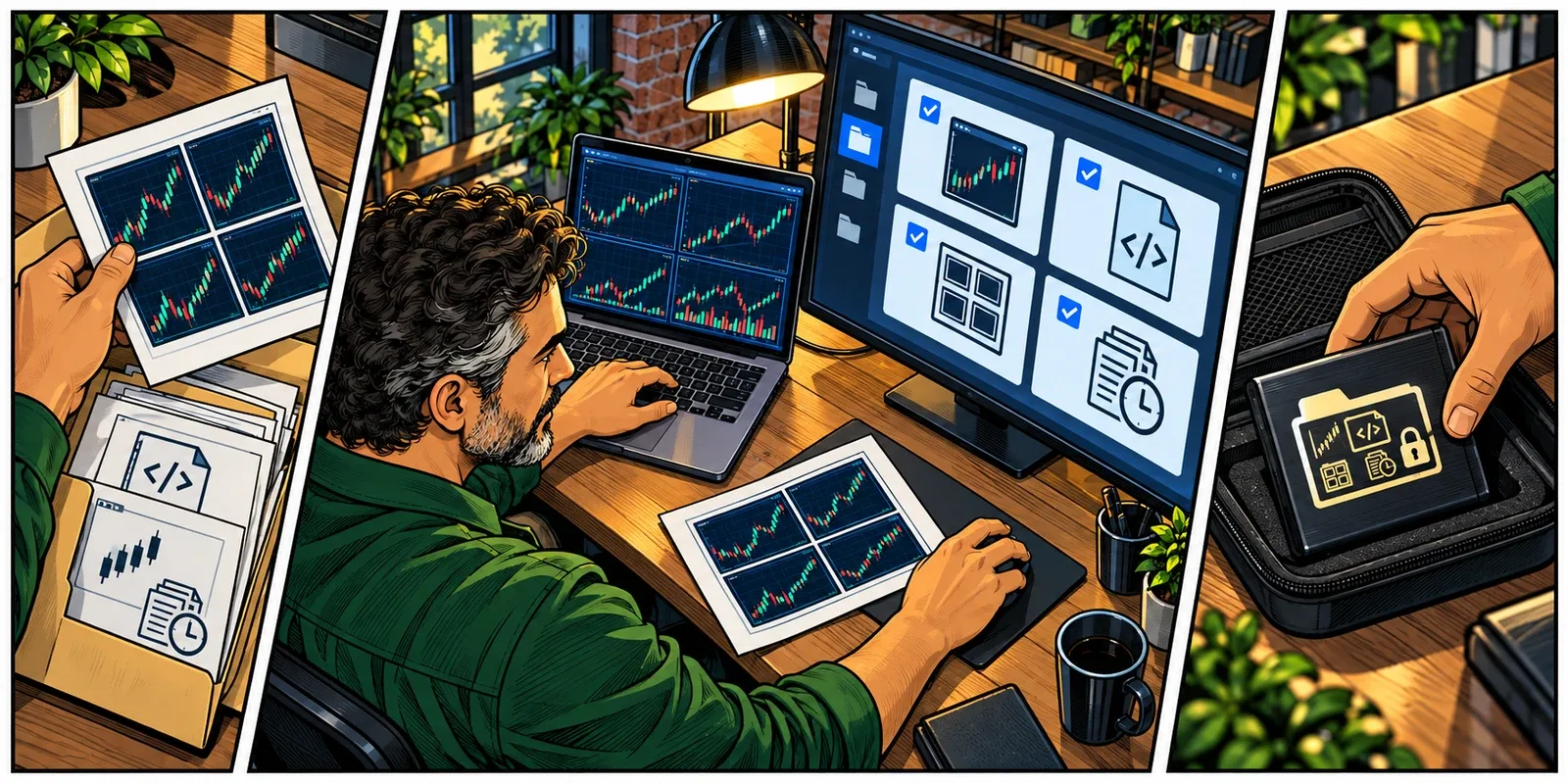 The recurring trader compares a saved chart layout with the separate files and settings selected for a platform backup.