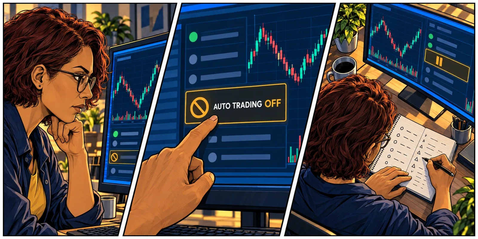 The recurring trader examines an active chart beside a disabled trading-permission control, then checks the strategy's reported state.