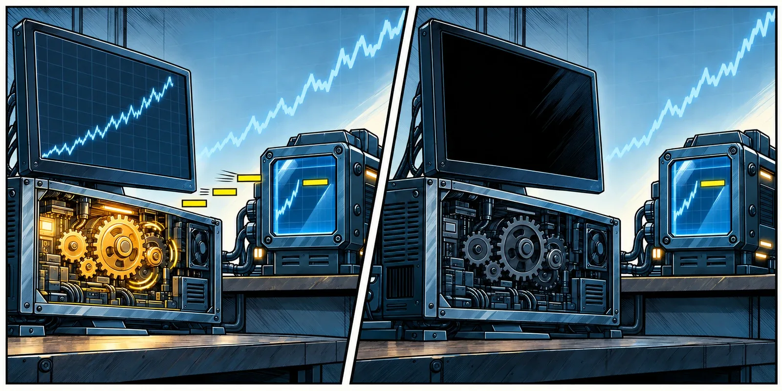 A comic cutaway shows a local controller sending successive stop adjustments, followed by an inactive controller and a broker record retaining the last stop level.