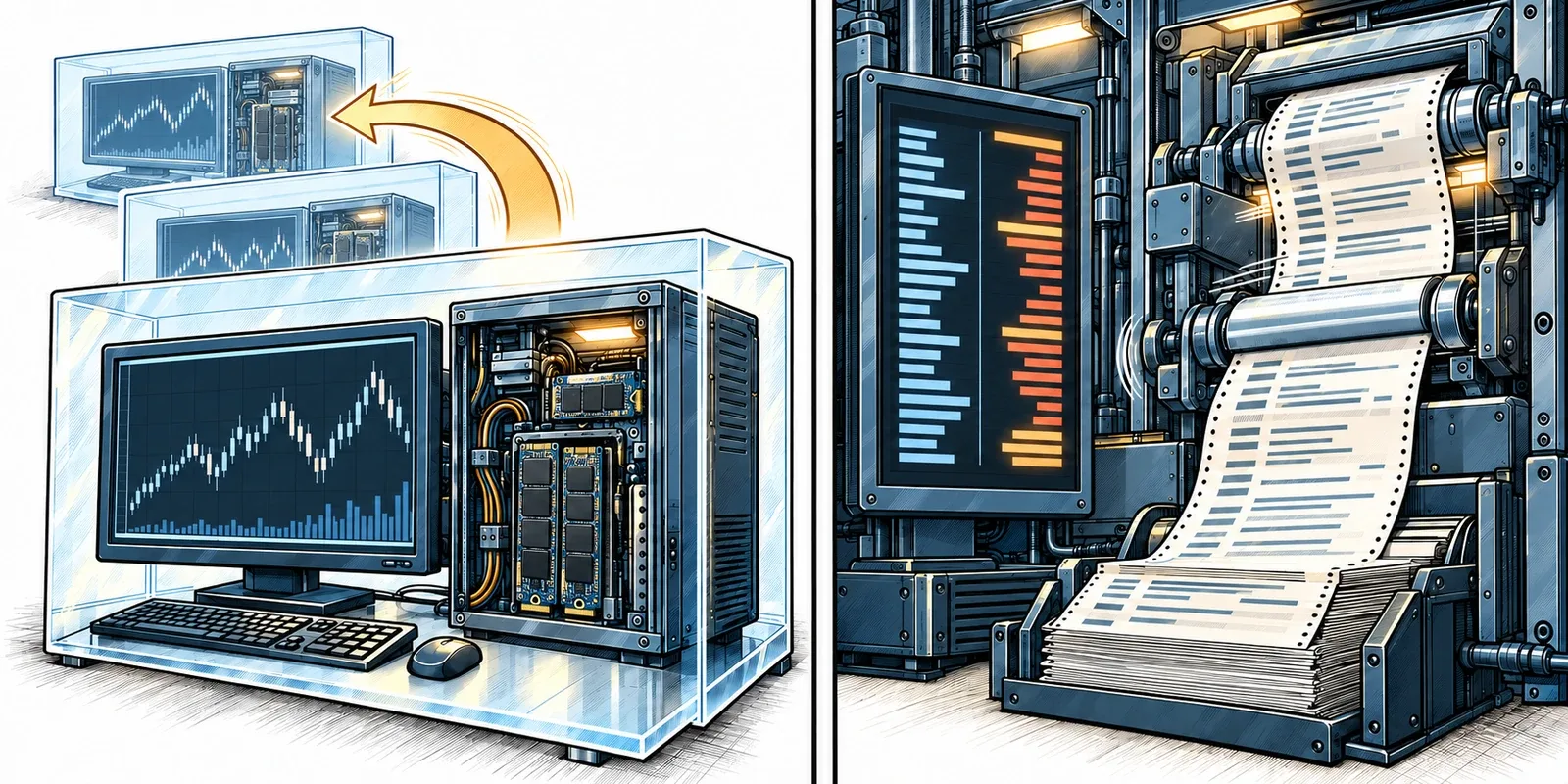 A technical comic shows a local server returning to an earlier snapshot while the separate broker account remains outside that recovery boundary.