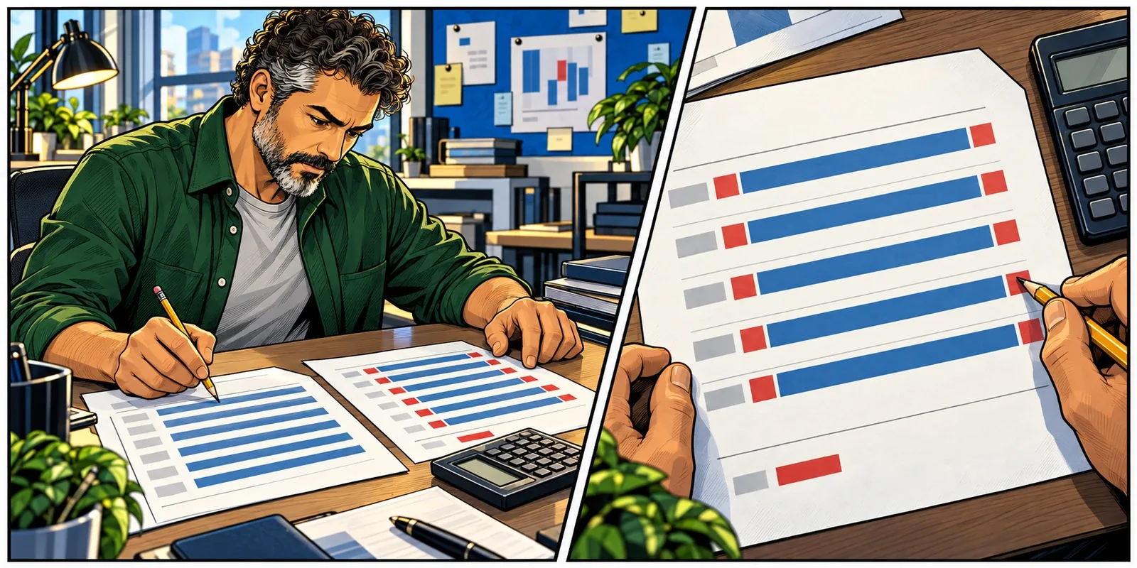 The returning trader checks a printed trade ledger with a pencil and calculator, marking costs at both ends of each trade.