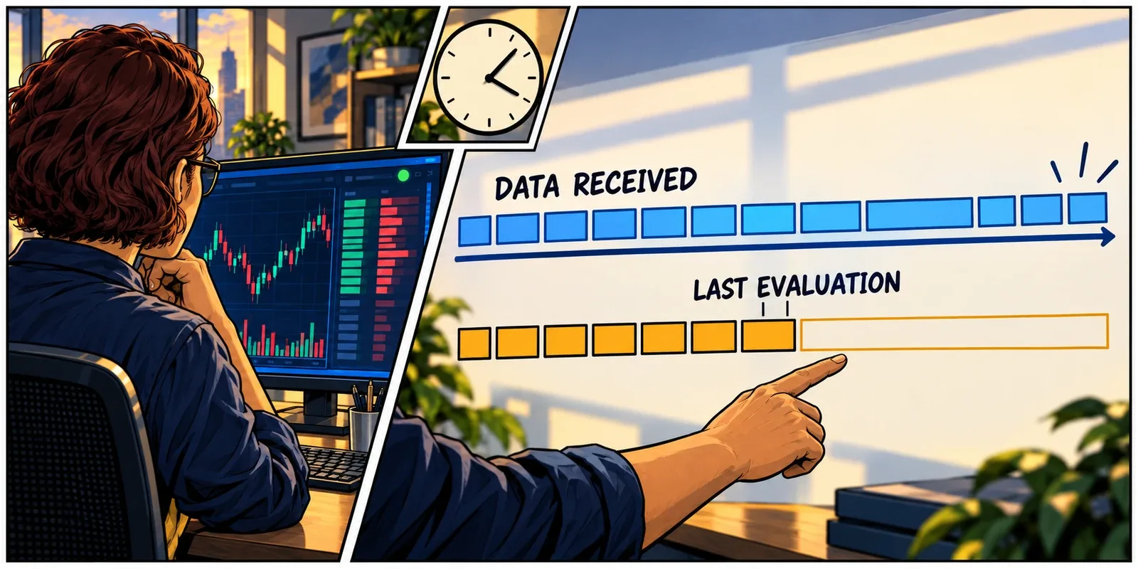A comic sequence follows the trader from a connection light to data timestamps and a separate record of completed strategy evaluations.