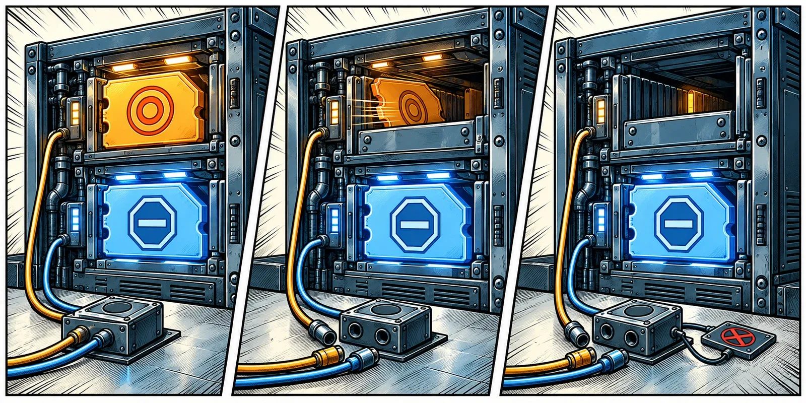 Three comic panels show paired exit orders, a completed target, and a remaining stop whose local cancellation controller is unavailable.