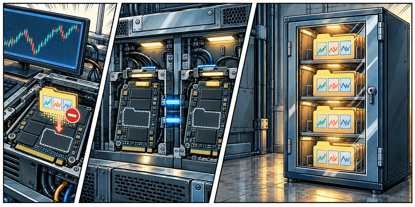 Three comic panels follow a deleted workspace file across mirrored disks, then reveal intact older versions in a separate protected archive.