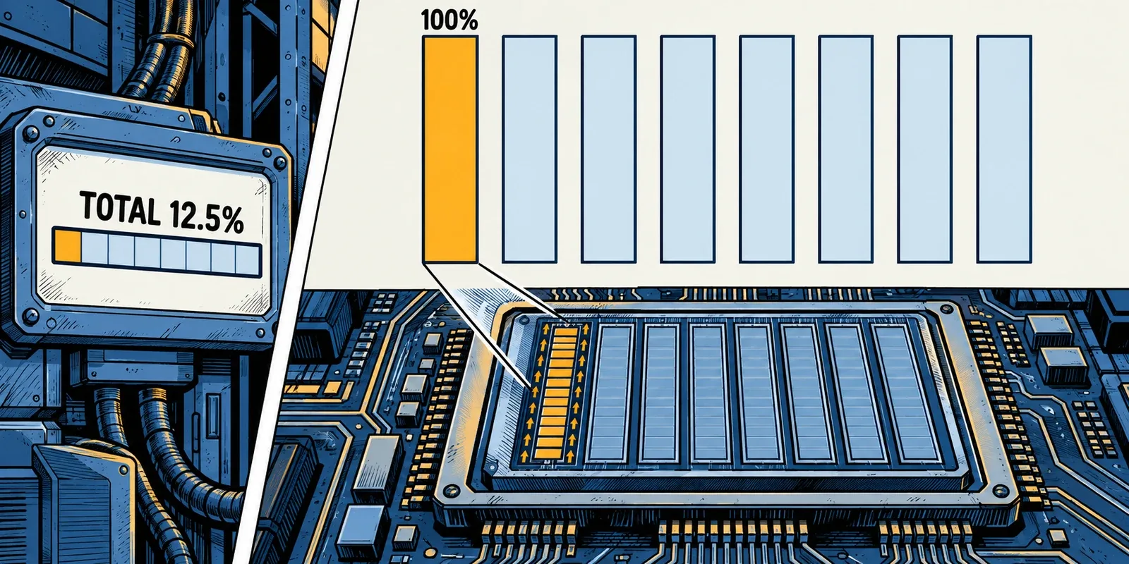 An illustrative CPU view shows eight logical processors, one fully occupied, beside a total utilization reading of 12.5 percent.