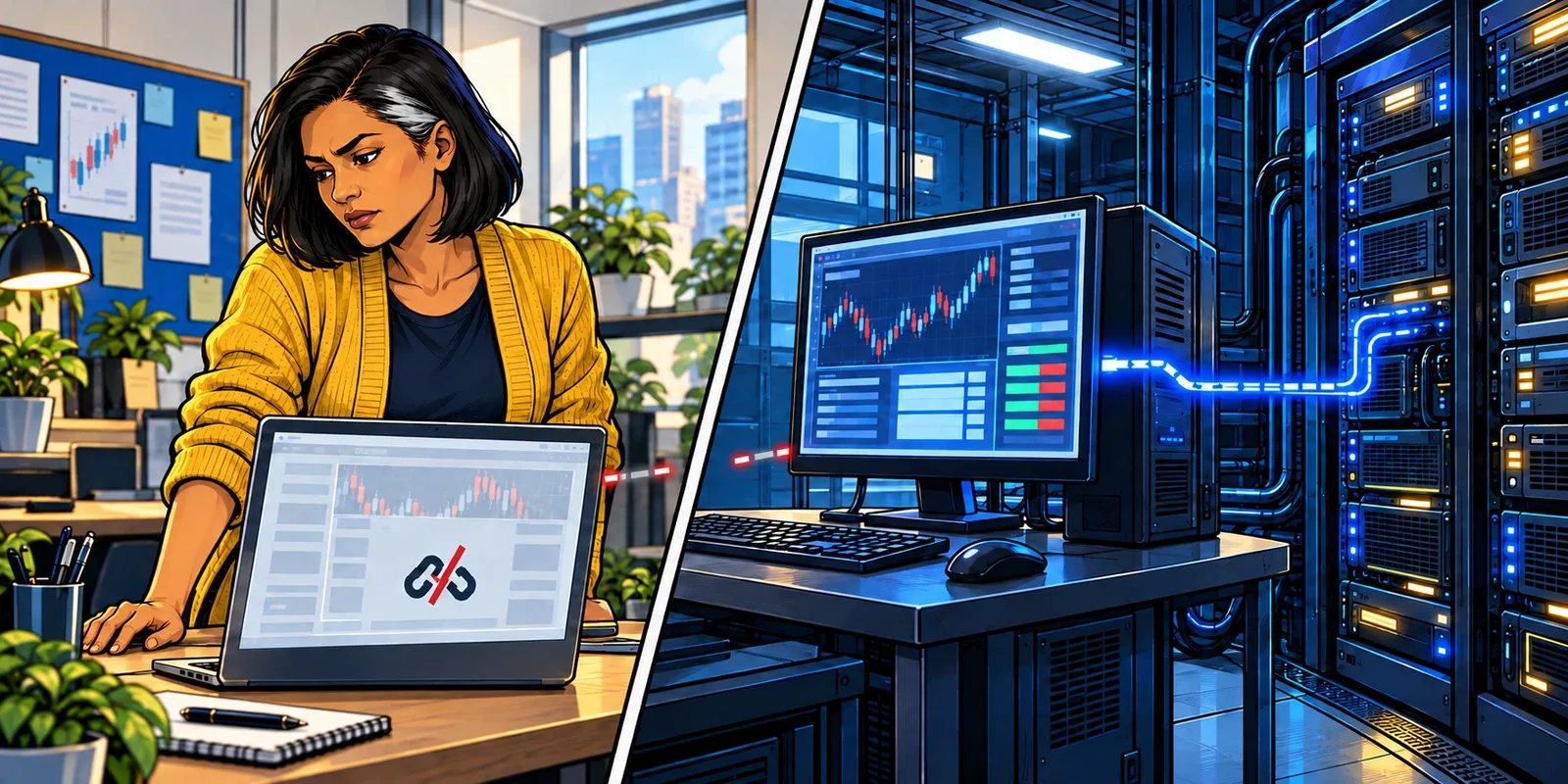 The recurring trader loses a Remote Desktop view on her laptop while a separate cutaway shows the remote trading application and its broker connection continuing.