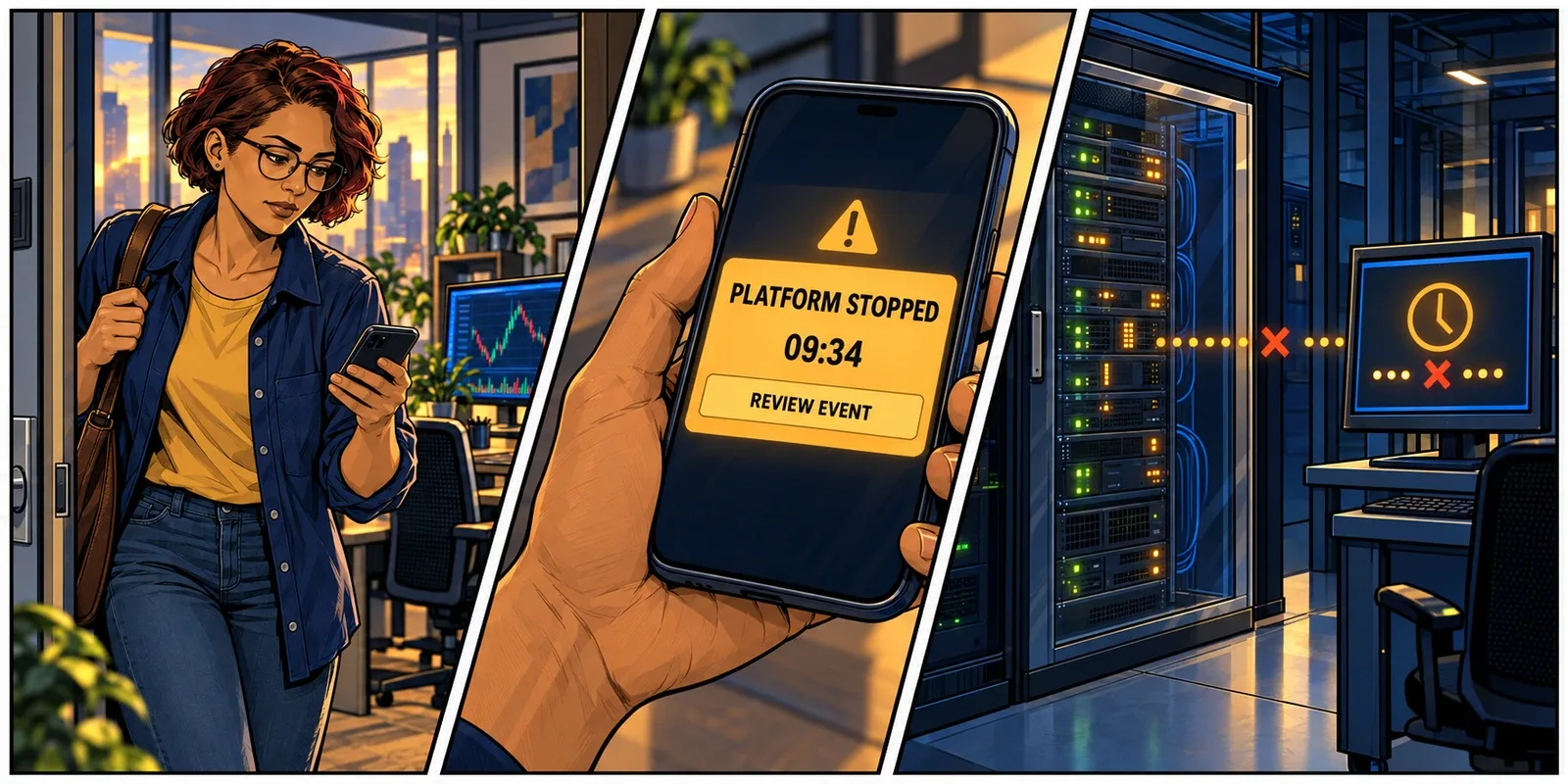 The trader receives one contextual platform alert away from the desk and opens the incident details, while a separate monitor checks for missing server reports.
