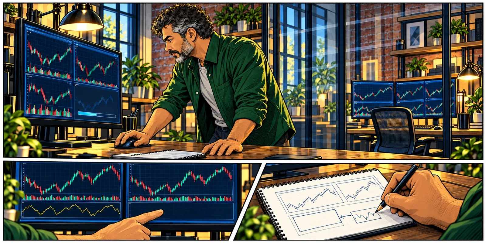 The trader checks a restored workspace in a separate test area, compares its files with the recovery record, and leaves the live trading environment untouched.