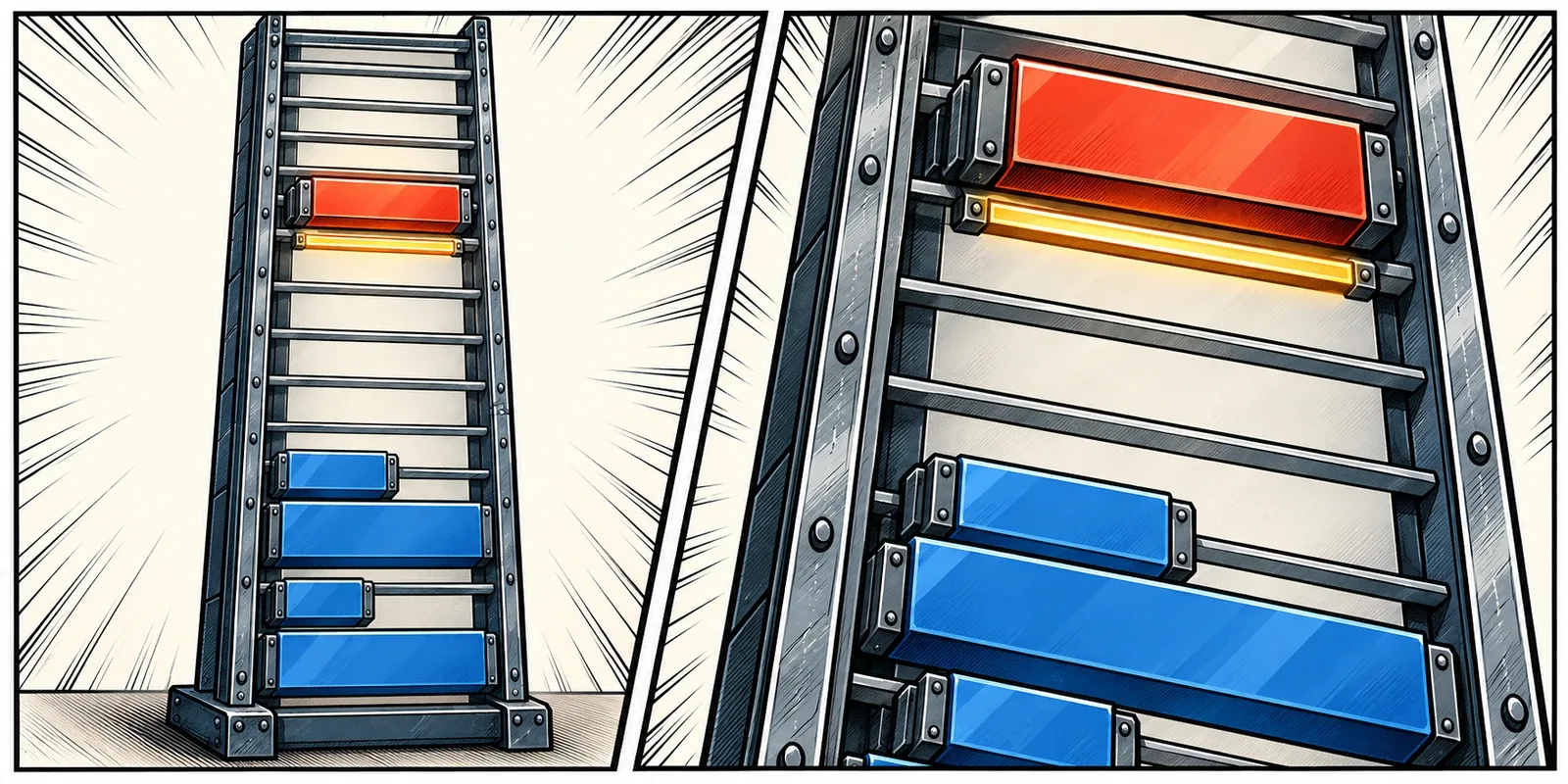 A comic price ladder shows an active red sell order above an amber limit, with blue bid blocks below the permitted selling price.