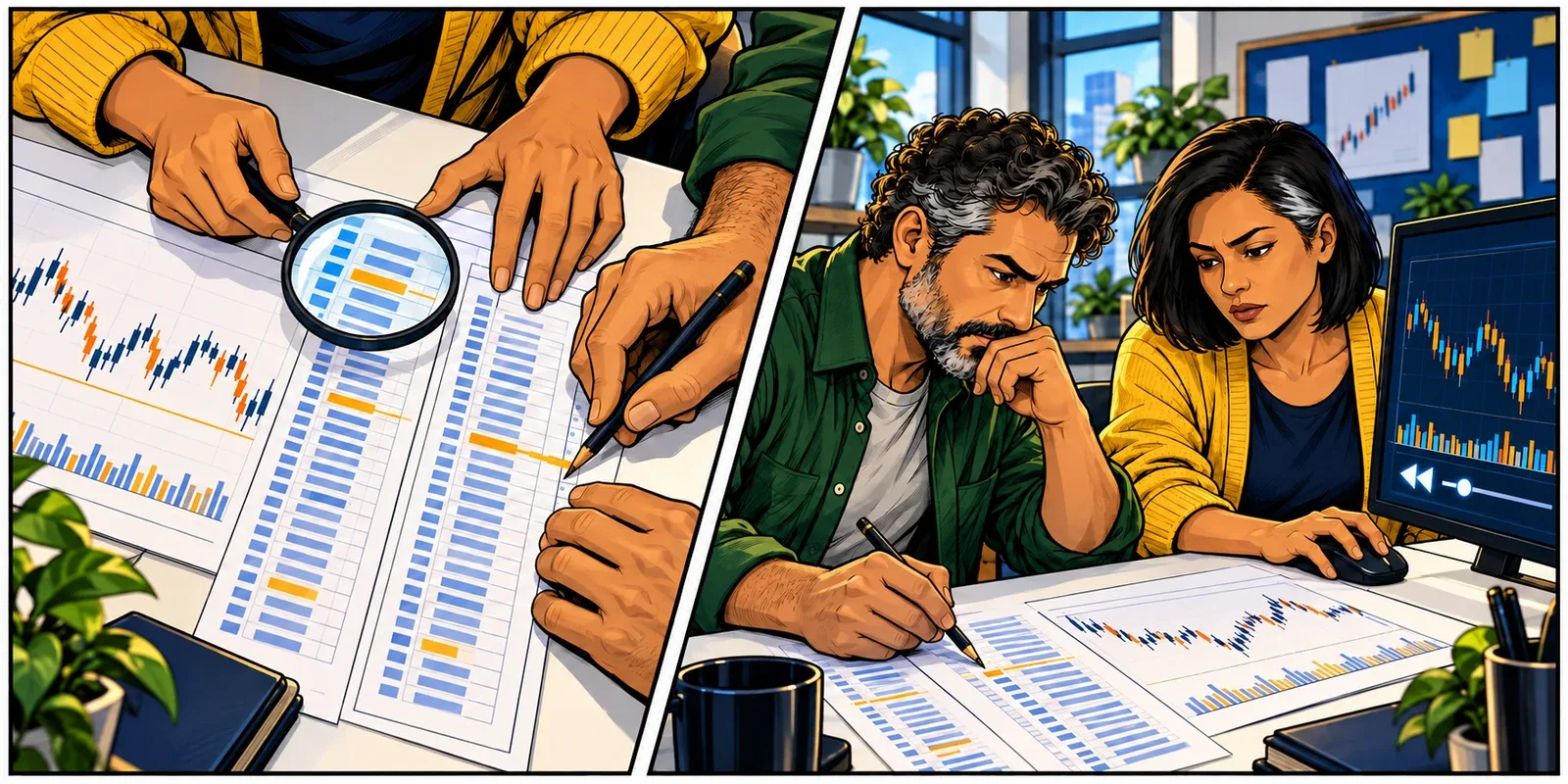 Two returning traders align an order-log printout with a price chart, then inspect the corresponding event on a replay screen.