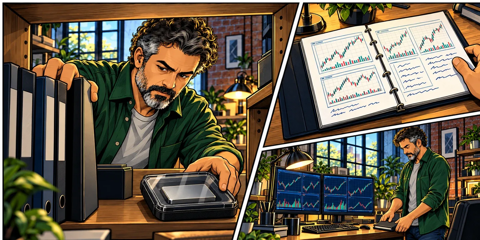 The recurring trader finishes a recovery record beside a restored research workspace and places it with the protected archive instructions.