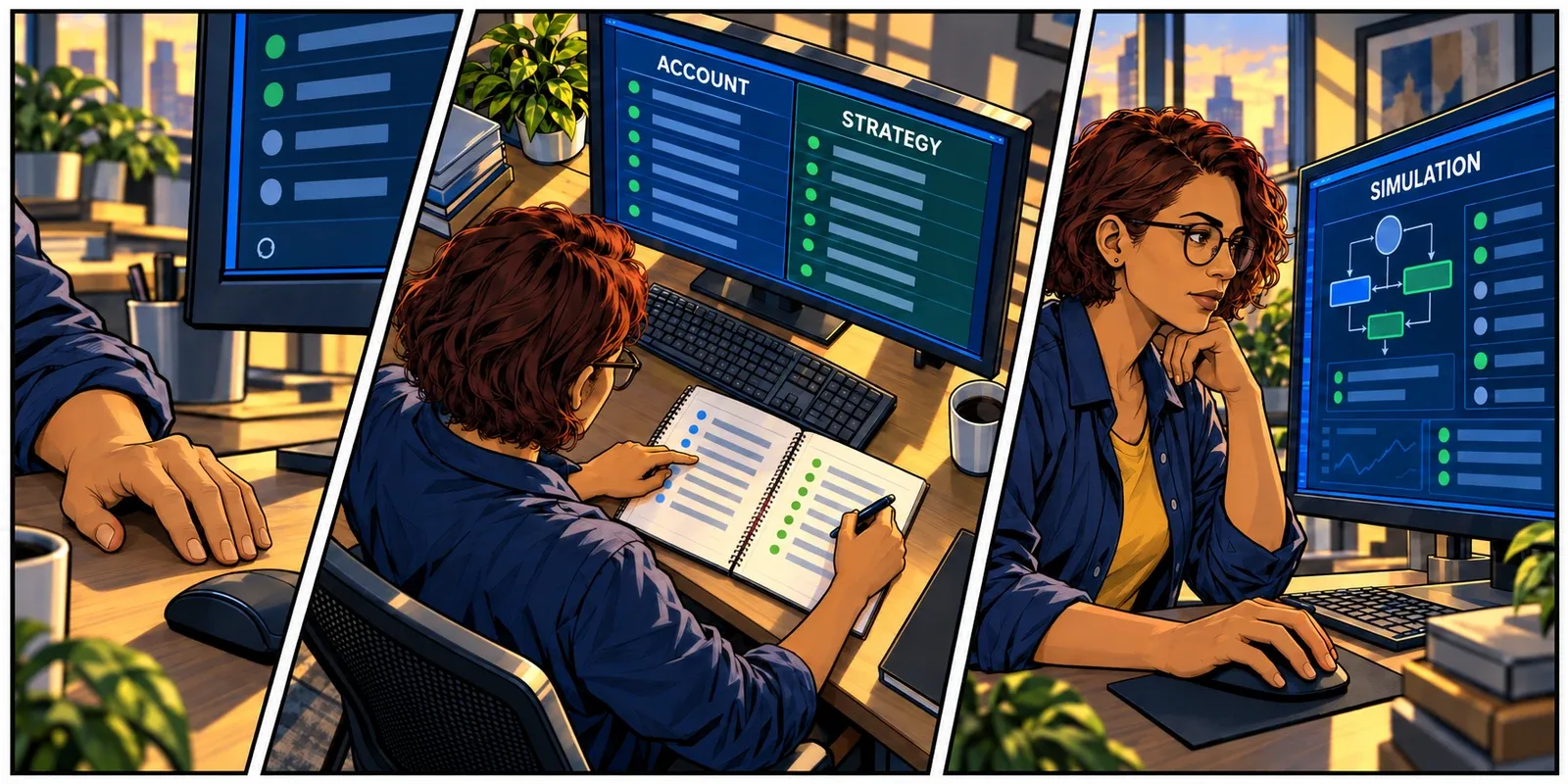 The trader pauses before a restart, compares account and strategy records, and rehearses recovery on a clearly marked simulation workspace.