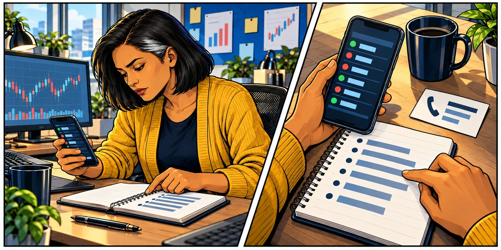 The recurring trader compares an independent account view with her order-behaviour notes and keeps the broker contact details accessible beside the workstation.
