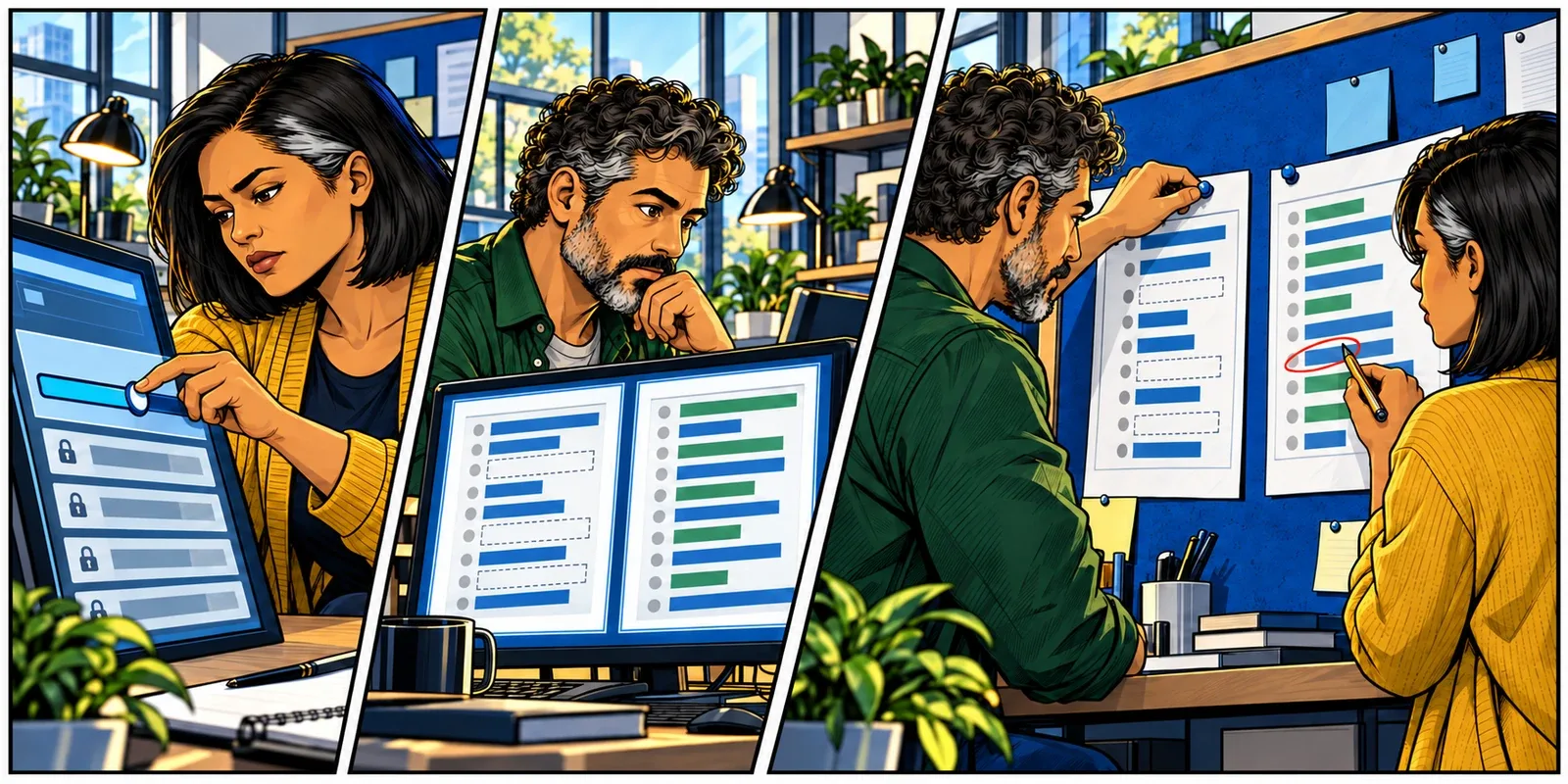 The two returning traders compare alternative test reports and investigate a discrepancy without changing the strategy's underlying parameters.